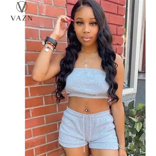 VAZN 2021 Hot Popular Solid Simple Energy Sexy Tracksuits Young Strapless Sleeveless Short Pants Slim Women 2 Piece Set