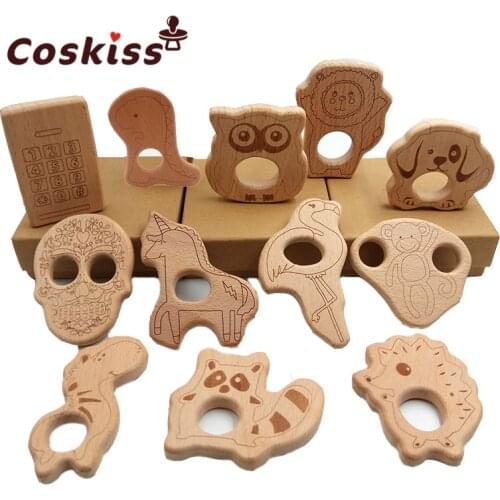 Beech Wooden Animal Teether 50pcs BPA Free Cute Baby Teething Toys DIY Necklace Rattle Pendants Wooden Nursing Shower Teethers
