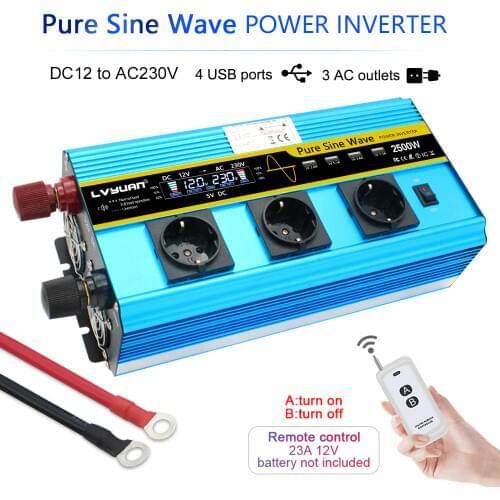 LCD 12000W power inverter DC12V to AC220V pure sine wave Converter Supply Solar Power 4USB with 3 EU AC wireless remote control
