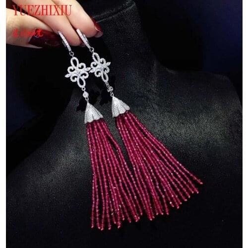 925 Silver Garnet Earrings for Women Jewelry Natural Red Stone Pure Long Tassel Drop Earring