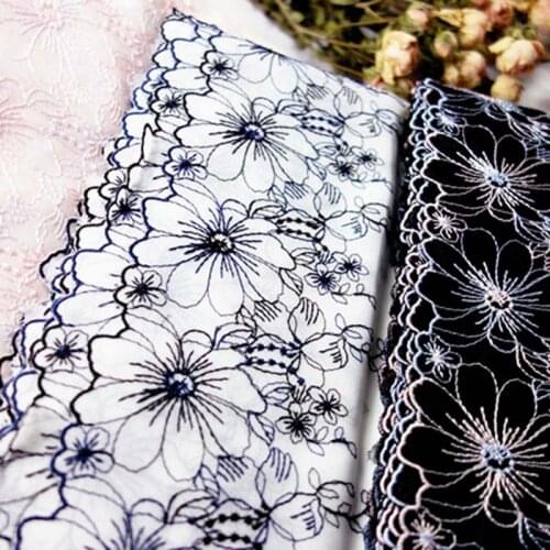 14Yards Black Pink Flower Embroidered Chiffon Lace Fabric Trim One Side Edge Ribbons DIY Sewing Handmade Sofa Curtain Materials