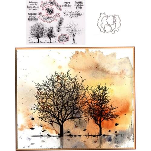 Autumn Trees Metal Cutting Dies and Clear Rubber Stamps for DIY Scrapbooking Crafts Card Making Photo Album Sheet Decoration