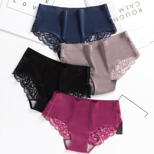 3 Pcs/Set Sexy Seamless Panties Women Lace Underwear Briefs Low Rise Ladies Silk Plus Size Solid Soft Transparent Panty Lingerie