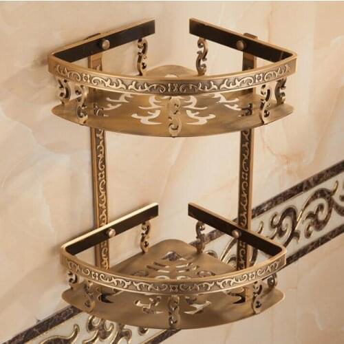 Top quality Space Aluminum double tiers art carved bathroom Corner shelves basket holder bathroom soap holder bath shampoo shelf
