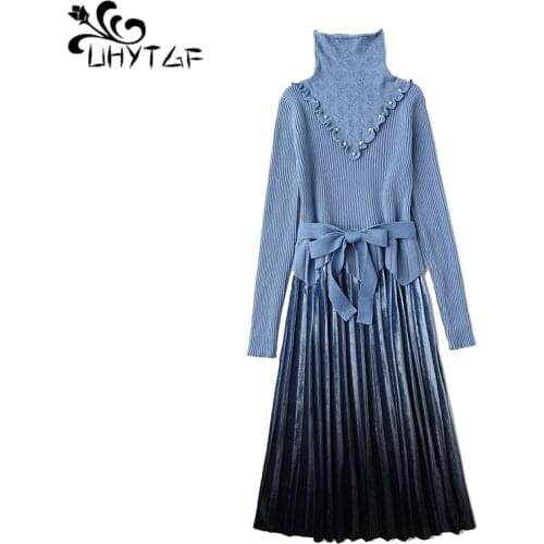 UHYTGF Christmas Dresses Women Winter Plus Size M~5XL Knit Big Swing dresses fashion Long Sleeve Sexy New Year Party Dress X756