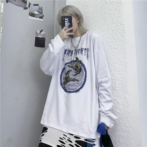 Female Korean Harajuku Vintage Devils Hand Print Loose T-shirt Womens T-shirts Tops Japanese Kawaii Ulzzang Clothes For Women