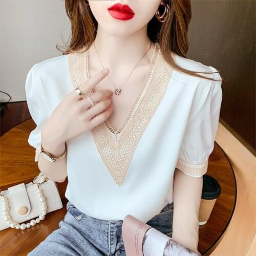 Summer T Shirt Women Summer 2021 New Elegant Breathable v-neck Short Sleeve Chiffon Female Looser Female Tee Tshirts SZH60835