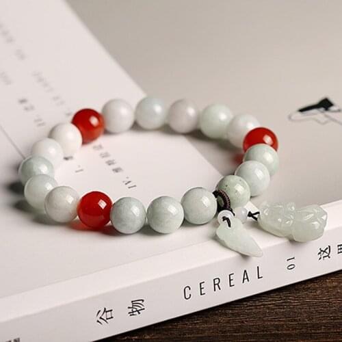 Women Bracelets Bangles AAA Jadeite Emerald Bracelets PIXIU Leaf Red Agate Round Beads Bracelets for Womens Jade Jewelry