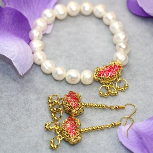 9-10mm white natural nearround pearl beads strand bracelet earrings for women gold-color cloisonne jewelry set 7.5inch B3026