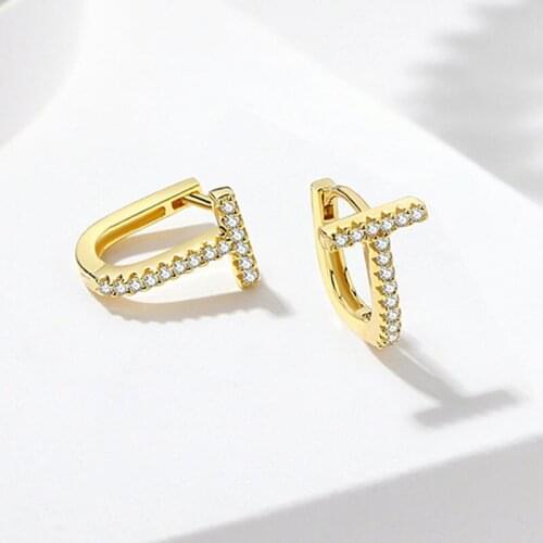 925 Sterling Silver T-shaped Hoop Earring for Women GeometricCZ Gold Silver Jewelry Gifts