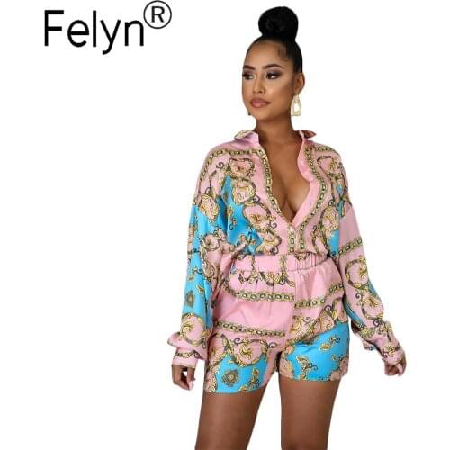 Felyn 2020 Ins Internet Celebrity Famous 2 pieces Shirt Women Set Luxury Print Blouse And Short Summer Suits BB2129