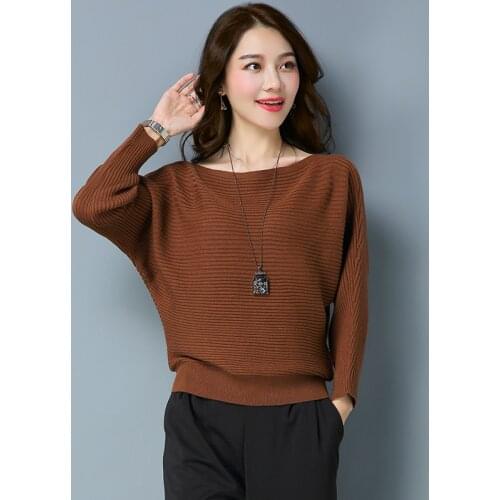 Women Autumn Knitted Loose Sweater Round Collar Knit Batwing Sleeve Sweater 6 Color
