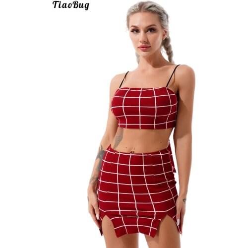 TiaoBug Women Summer Casual Plaid Two-Piece Set Spaghetti Strap Lace-Up Back Crop Top With Split Sides Mini Skirt