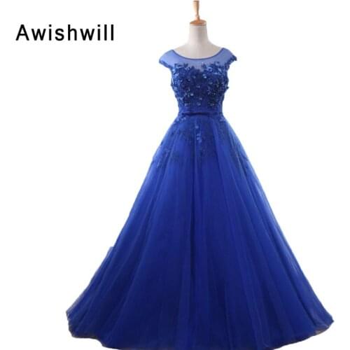 Royal Blue Long Prom Dresses 2020 New Tulle Lace Appliques Cap Sleeve A Line Princess Vintage Evening Dress Vestido De Festa