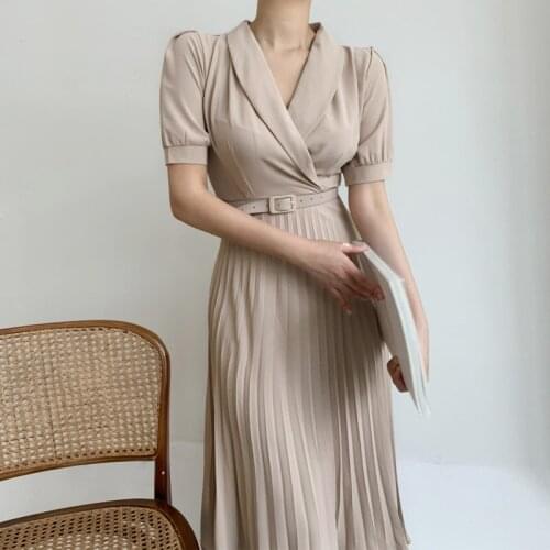 Elegant Women Belt Waist Solid Ankle Length Summer Short Sleeve Office Lady Wear Pleated Dress 2021 Fashion