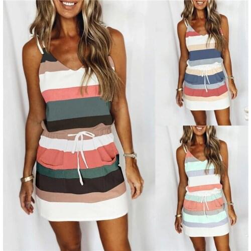 Women Sexy Straps Drawstring Dress Summer V-Neck Strappy Striped Sleeveless Pockets Mini Dress Lady Fashion Loose Beach Dress