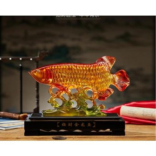 37CM LARGE # 2020 HOME SHOP LOBBY FENG SHUI MASCOT MONEY DRAWING GOOD LUCK GOLD AROWANA FISH COLOR CRYSTAL SCULPTURE STATUE