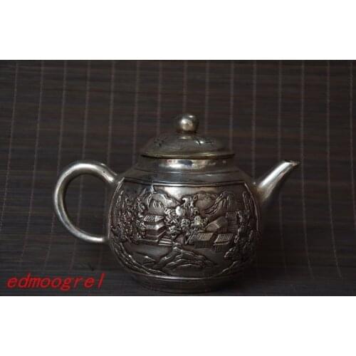 Antique Old MingDynasty silver carving teapot,landscape,hand crafts,best collection&adornment,free shipping