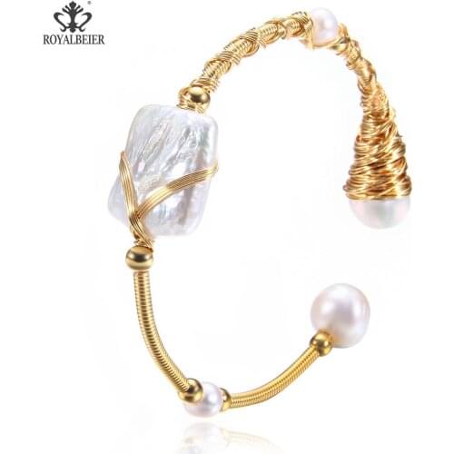 RoyalBeier Genuine Baroque Pearl Bracelet Womens Cuff Bracelet Natural Freshwater Pearl Copper Silk Hand Wrap Bracelet Boutique