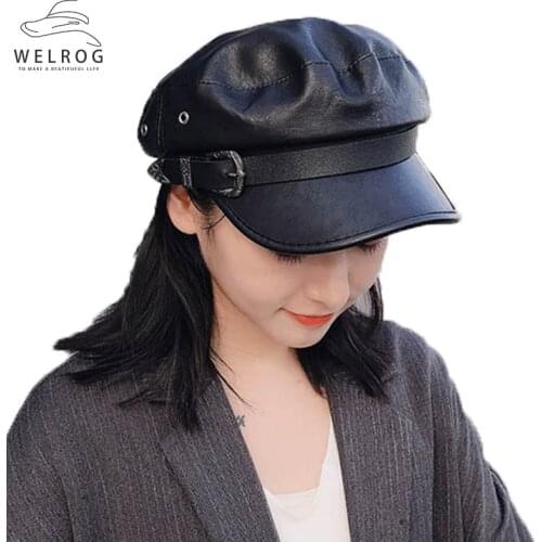 WELROG New Faux Leather Military Caps Autumn Winter Belt Buckle PU Flat Top Visor Hats Solid Cool Women Vintage Black Army Cap