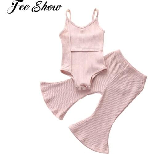 Girls Clothes Set Kids Ribbed Knit Outfits Sleeveless Romper Tops + Long Flared Pants Summer Childrens Clothing for 1 2 3 4Year