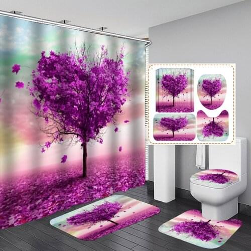Beautiful Violet Love Shape Tree Valentines Day Bathroom Shower Curtain Non-Slip Rug Set Pedestal Rug Lid Toilet Cover Bath Mat