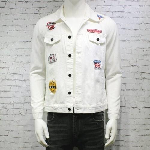 Hot 2018 Spring and autumn mens fashion slim denim jacket embroidery biker jacket coat black white