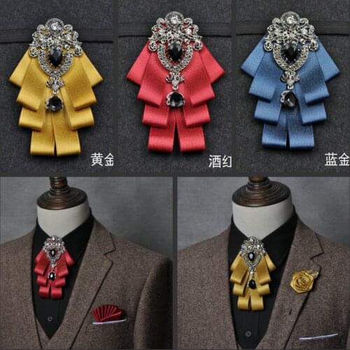 Men Ribbon Bow Tie Handkerchief Alloy Pin Flower Brooches Pocket Square Neck Tie Set Groom Wedding Party Shirt Rhinestone Bowtie