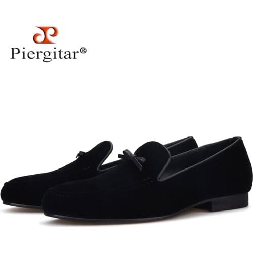 PIERGITAR 2020 handmade men velvet loafers with tie design fashion prom and banquest men smoking slippers plus size male flats