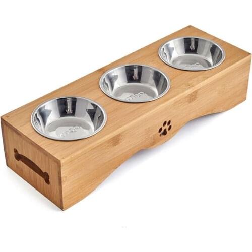 Stainless Steel Pet Feeding Bowls Food Water Feeder for Dogs Cats Bamboo Stent Pet Triple Bowl Pet Tableware Supplies C42
