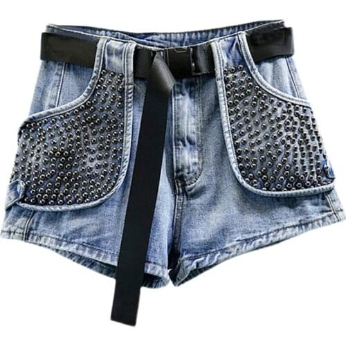 2021 Spring Summer New Fashion Rivet Heavy Industry Double Pocket Belt Washed Three-Point Denim Shorts Womens Jeans Shorts