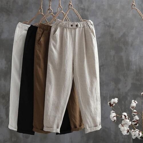 Autumn Women Casual Vintage Loose Plus Size Cotton Linen Cropped Harem Pants Pocket Breeches Girls Soft Trousers Pencil Pants