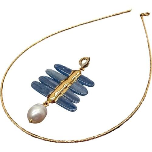 YYGEM 16" Natural Blue Kynite stripe Freshwater White Pearl Pendant gold filledWire Choker Necklace