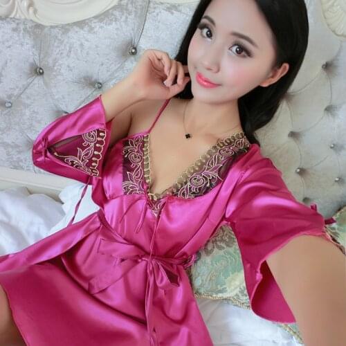 2016 New Arrival Sexy womens Nightwear Robe Set Nightgown + Bathrobes two-piece Female Spring Silk Luxury V-neck Pajamas Hot
