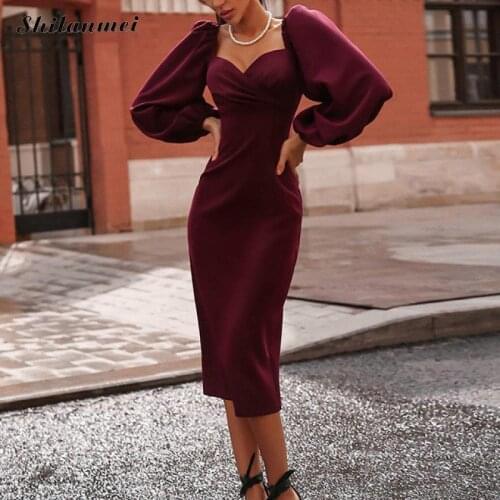 Burgundy Midi Length Dresses Women Autumn Puff Long Sleeve Dress Black Fashion Famous Brand Slim Party Banquet Dress Vestidos