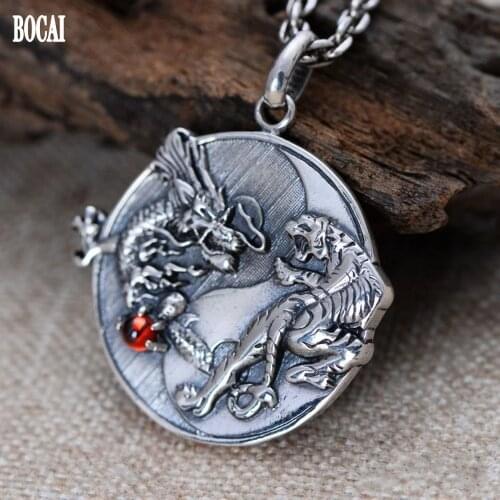 S925 silver jewelry Man pendant retro Taiji Bagua dragon white tiger Thai Silver Medallion pendant for men