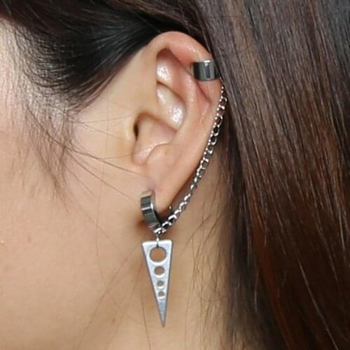 Fashion Trilateral Hoop Earrings Long Chain Ear Cuff Stainless Steel Jewelry for Women Men Ear Piercing