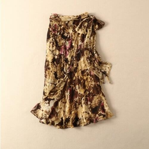 Silk 100% Floral Print Midi Skirt With Waist Ties - 2019ss Newest Women Casual Skirt