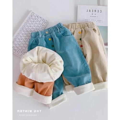 2019 winter new Baby Girl Boy thickening cordory Pants kids candy color buttons warm Trousers Children Casual Pant Clothes