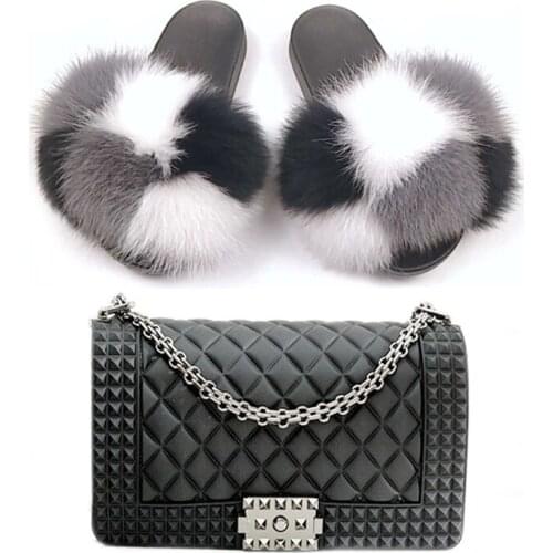 Shoes Woman Fur Slippers Colorful Bags Sets 2020 Summer Fashion Non-Slip All-match Shoes Daily Ladies Footwears 35-45