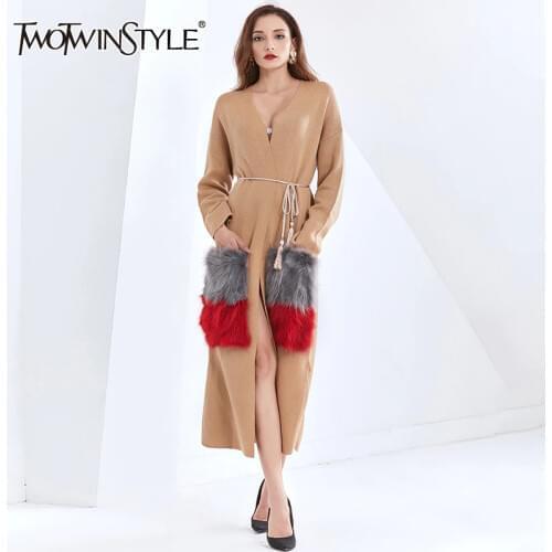 TWOTWINSTYLE Patchwork Plush Pocket For Female Knit Jacket V Neck Long Sleeve Warm Loose Womens Casual Sweater Jacket 2020 New