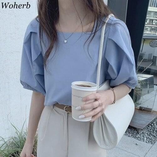 Woherb Women Sweet New Chic 2021 Blouse Solid Femme Gentle Shirts Office Lady Lantern Sleeves Retro Streetwear Crop Tops Blusas