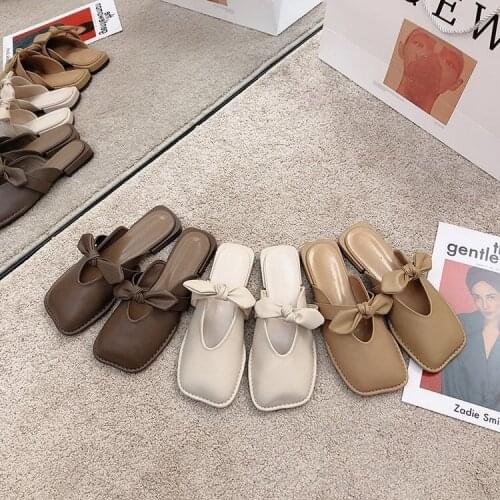 Sandals Womens Summer 2021 New Slides Brand Design Square Toe Bow Flat Mules Low Heel Slides Female Outside Slippers Size 35-39