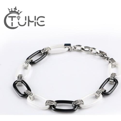 2019 New Geometric Women Charm Bracelets Crystal CZ Rhinestone Black White Ceramic Bangle Bracelet Trendy Wedding Jewelry Gift