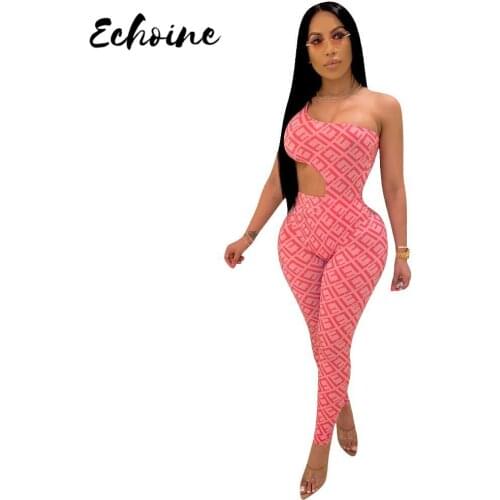 Echoine Women Sexy Letter Print One Shoulder Jumpsuit Asymmetric Crop Top Side Hollow Out Pencil Pants Outfits Club Playsuit