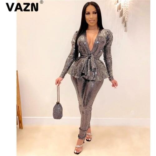VAZN Autumn Office Lady Wind V-neck Print Sexy 2020 Set Long Sleeve Full Pant 2 Piece Sets Night Club Bandage Sets