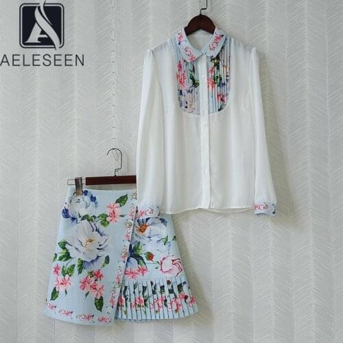 AELESEEN Runway Fashion 2 Pieces Women Sets 2021 Early Autumn White Lapel Blouse+Beading Pleated Skirt Colorful Flower Print Set