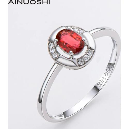 AINUOSHI 18K White Gold Oval Cut0.503ct Natural Ruby and 0.036ct Real Diamond Engagement for Wedding Women Gemstone Ring Jewelry