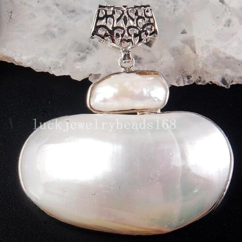 Free Shipping Women Fashion Jewelry 50x52x17mm Beautiful White Mother of pearl Shell Oval Pendant Bead C3769