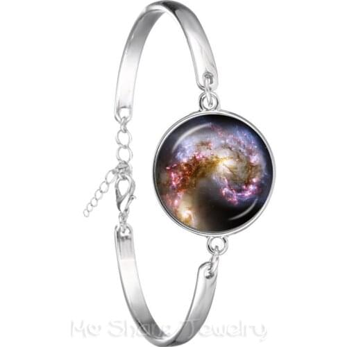 Galaxy Nebula Chain Bracelet Glass Cabochon Solar System Glass Dome Planet Universe Silver Plated Charm Bangle Gift